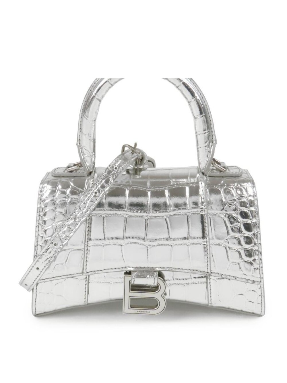 Balenciaga Hourglass Silver Leather S Croco Embossed 2-Way Shoulder Bag